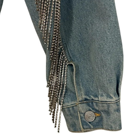 Free People Rhinestone Fringe Light Wash Denim Jean Bomber Jacket Size Small - Picture 11 of 14